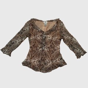 100% Silk Ice Vintage Brown Paisley Print Layered Blouse
